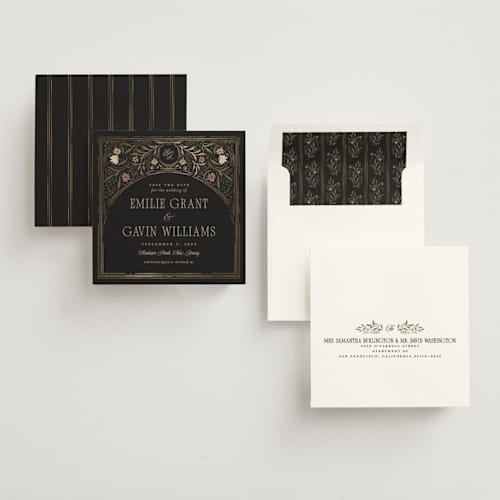 This is a noir foil stamped save the date cards with foil pressed by Randi Cirelli called emilie printing on signature in standard