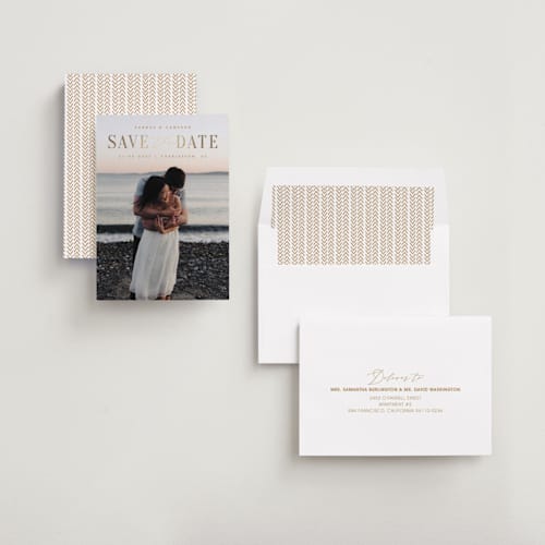 This is a desert foil stamped save the date cards with foil pressed by Zani van Zyl called danielle printing on recycled smooth signature in standard