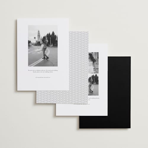 This is a onyx foil stamped save the date cards with foil pressed by Sarah Mraz called filmstrip printing on recycled smooth signature in standard