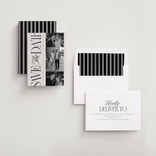 This is a stone foil stamped save the date cards with foil pressed by Laura Hankins called sideline printing on recycled smooth signature in standard