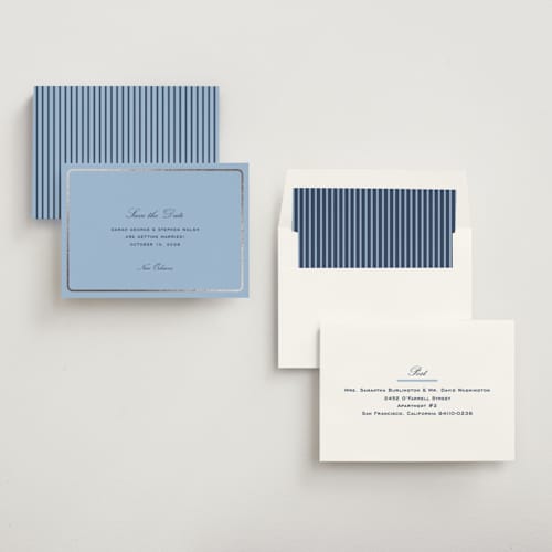 This is a sky foil stamped save the date cards with foil pressed by Megan Davis called aperitif printing on signature in standard