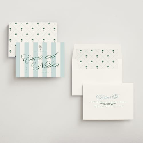 This is a low tide foil stamped save the date cards with foil pressed by Susan Zinader called palm stripes printing on signature in standard