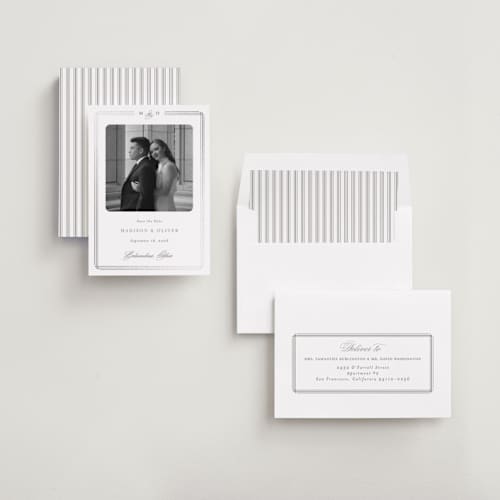 This is a cobblestone foil stamped save the date cards with foil pressed by Emily Betts called lines printing on recycled smooth signature in standard
