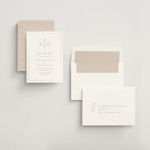 This is a chiffon foil stamped save the date cards with foil pressed by chocomocacino called kouignette printing on signature in standard