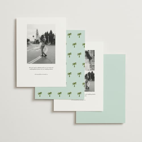 This is a ocean foil stamped save the date cards with foil pressed by Olivia Goree called vacation printing on signature in standard