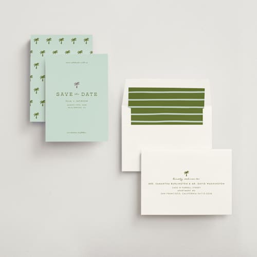 This is a ocean foil stamped save the date cards with foil pressed by Olivia Goree called vacation printing on signature in standard