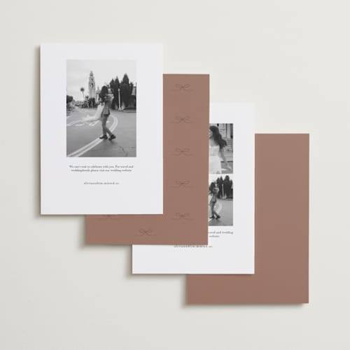 This is a coffee foil stamped save the date cards with foil pressed by Elly called gentle bow printing on recycled smooth signature in standard