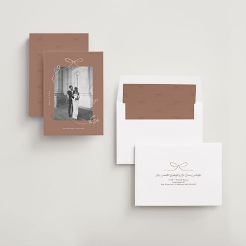 This is a coffee foil stamped save the date cards with foil pressed by Elly called gentle bow printing on recycled smooth signature in standard