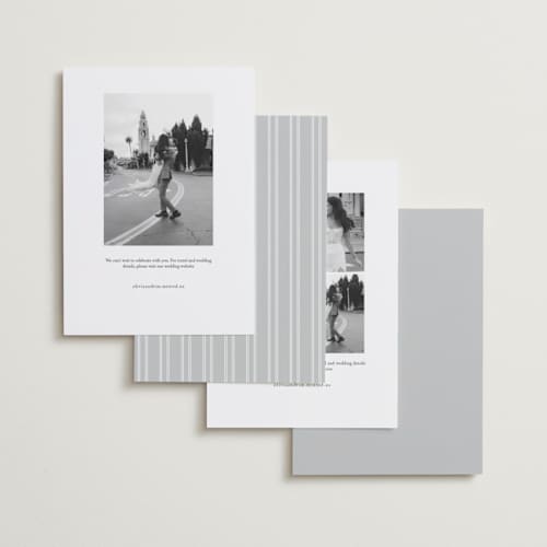 This is a pearl foil stamped save the date cards with foil pressed by Melanie Kosuge called side swept printing on recycled smooth signature in standard