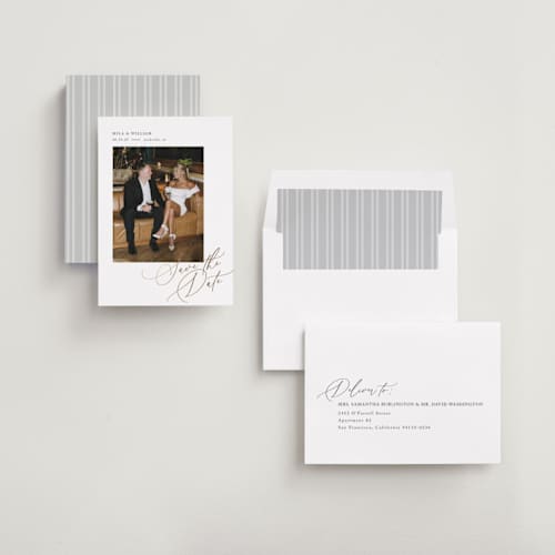 This is a pearl foil stamped save the date cards with foil pressed by Melanie Kosuge called side swept printing on recycled smooth signature in standard