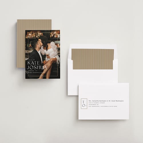 This is a pearl foil stamped save the date cards with foil pressed by Brooke Chandler called surround printing on recycled smooth signature in standard