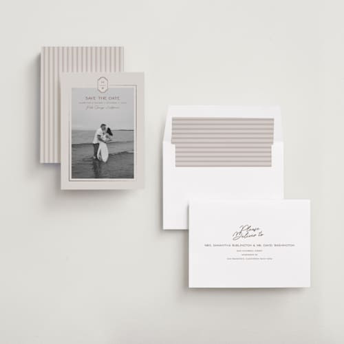 This is a dove foil stamped save the date cards with foil pressed by Rachelle Clarke called modern monogram printing on recycled smooth signature in standard