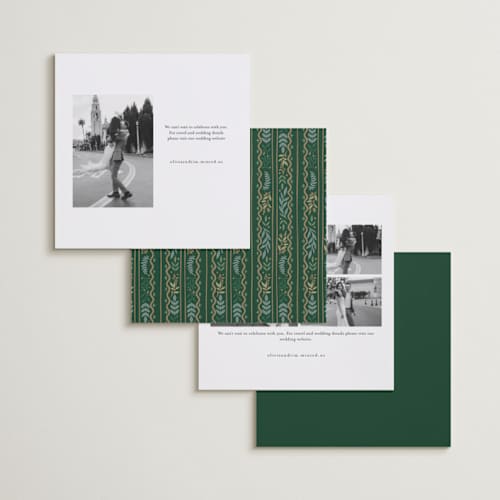 This is a snow foil stamped save the date cards with foil pressed by Alethea and Ruth called square leafy border printing on recycled smooth signature in square