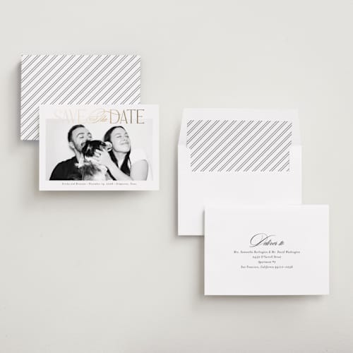 This is a sugar foil stamped save the date cards with foil pressed by Jessica Williams called delighted printing on recycled smooth signature in standard