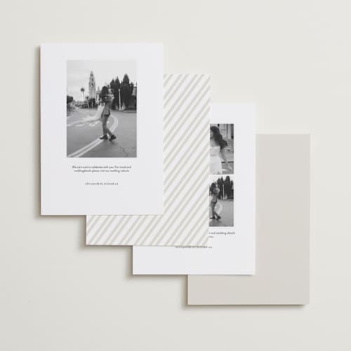 This is a cream foil stamped save the date cards with foil pressed by Sara Hicks Malone called classically yours printing on recycled smooth signature in standard