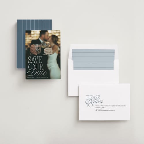 This is a dusk foil stamped save the date cards with foil pressed by Olivia Goree called celebration printing on recycled smooth signature in standard