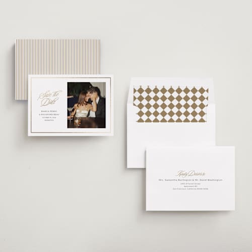 This is a cloud foil stamped save the date cards with foil pressed by Ashlee Townsend called classic city printing on recycled smooth signature in standard