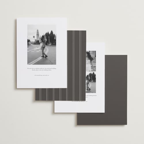 This is a graphite foil stamped save the date cards with foil pressed by Melanie Kosuge called mulholland printing on recycled smooth signature in standard
