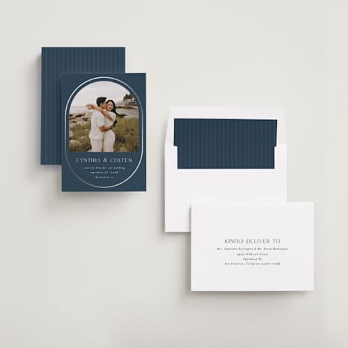 This is a blueberry foil stamped save the date cards with foil pressed by Angela Garrick called double lined border printing on recycled smooth signature in standard
