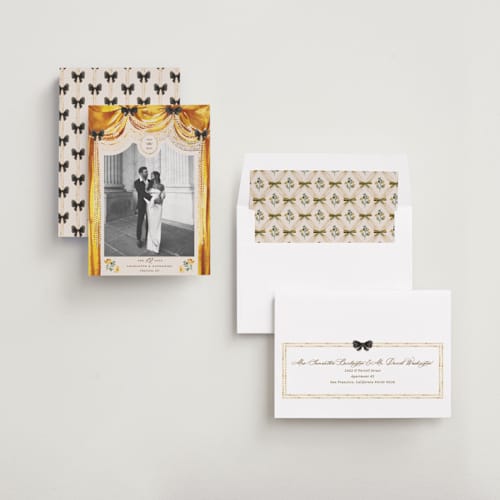 This is a golden foil stamped save the date cards with foil pressed by Claudia Orengo called tuileries printing on recycled smooth signature in standard