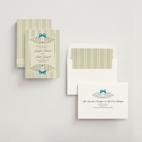 This is a marine foil stamped save the date cards with foil pressed by Jackie Crawford called josephine printing on signature in standard
