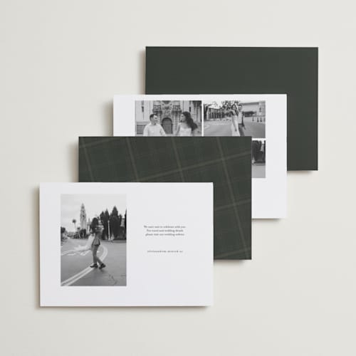 This is a snow foil stamped save the date cards with foil pressed by Amy Payne called minimal mountain printing on recycled smooth signature in standard