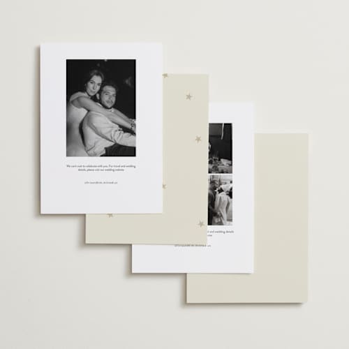 This is a champagne foil stamped save the date cards with foil pressed by Ani Somi called merry stars printing on recycled smooth signature in standard