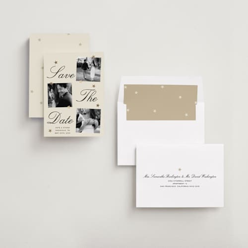 This is a champagne foil stamped save the date cards with foil pressed by Ani Somi called merry stars printing on recycled smooth signature in standard
