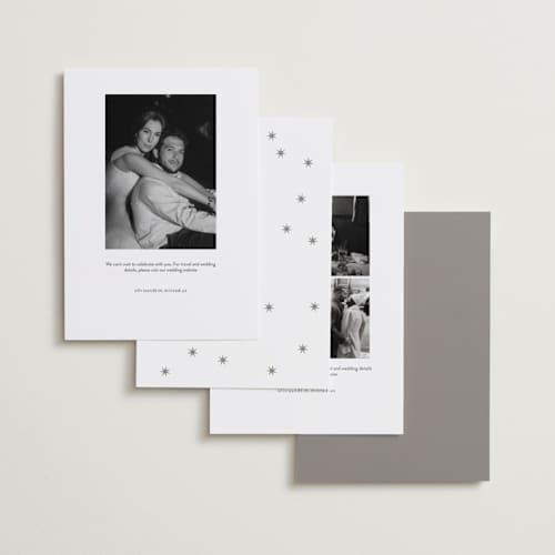 This is a snow foil stamped save the date cards with foil pressed by Megan Davis called curate printing on recycled smooth signature in standard