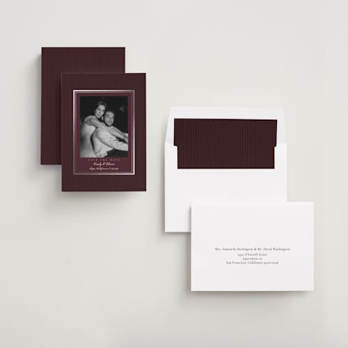 This is a wine foil stamped save the date cards with foil pressed by Elly called charm printing on recycled smooth signature in standard