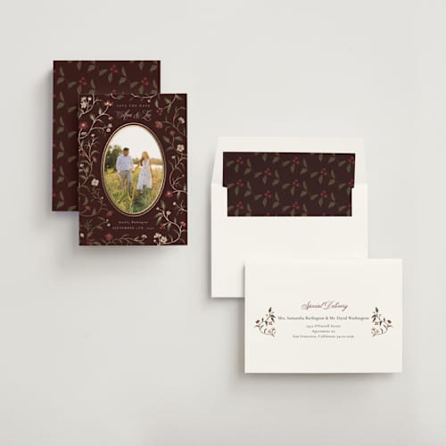 This is a wine foil stamped save the date cards with foil pressed by Elly called a gilded date printing on recycled smooth signature in standard
