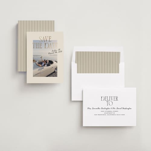 This is a vanilla foil stamped save the date cards with foil pressed by Creo Study called poster printing on recycled smooth signature in standard
