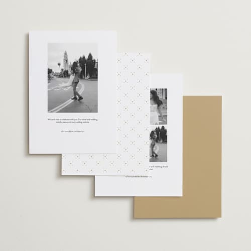 This is a alabaster foil stamped save the date cards with foil pressed by Erica Krystek called classic overlay printing on recycled smooth signature in standard