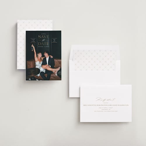 This is a alabaster foil stamped save the date cards with foil pressed by Erica Krystek called classic overlay printing on recycled smooth signature in standard