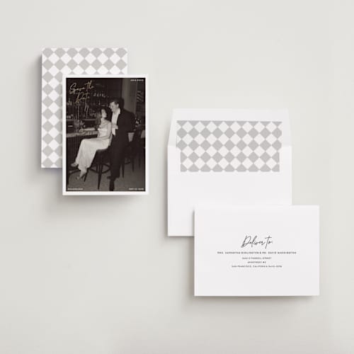 This is a cloud foil stamped save the date cards with foil pressed by Inkblot Design called corners printing on recycled smooth signature in standard