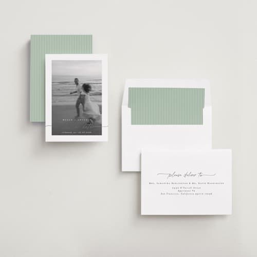 This is a ivory foil stamped save the date cards with foil pressed by Pippa Shaw called gaussian printing on recycled smooth signature in standard