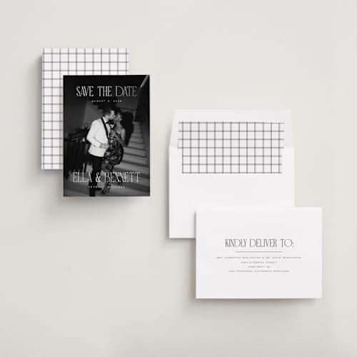 This is a snow foil stamped save the date cards with foil pressed by Pixel and Hank called gaze printing on recycled smooth signature in standard