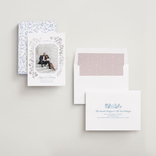 This is a sky foil stamped save the date cards with foil pressed by Robert and Stella called framed florals printing on recycled smooth signature in standard