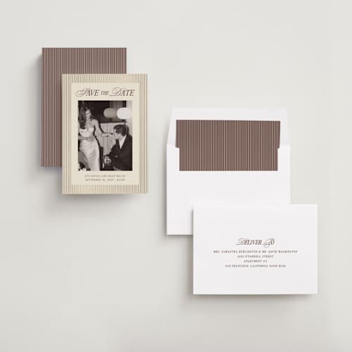 This is a maroon foil stamped save the date cards with foil pressed by Pati Cascino called sienna printing on recycled smooth signature in standard