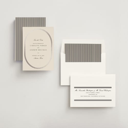 This is a tuxedo foil stamped save the date cards with foil pressed by Megan Davis called bocce printing on signature in standard