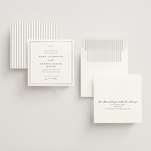 This is a soft black foil stamped save the date cards with foil pressed by Stacey Meacham called heritage printing on signature in standard