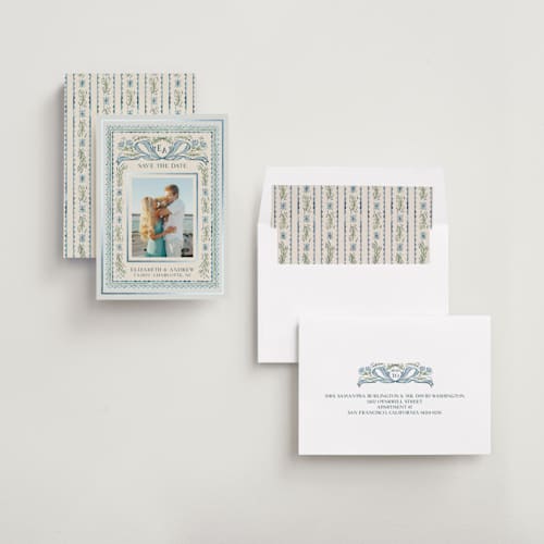 This is a blue jay foil stamped save the date cards with foil pressed by Paper Sun Studio called gift printing on recycled smooth signature in standard