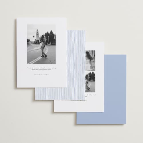 This is a periwinkle foil stamped save the date cards with foil pressed by Jenna Holcomb called antique greenery printing on recycled smooth signature in standard