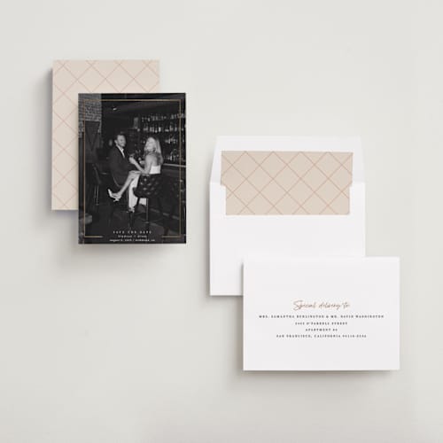 This is a pudding foil stamped save the date cards with foil pressed by Adelyn T. called thin marker printing on recycled smooth signature in standard