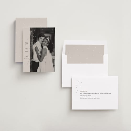 This is a ecru foil stamped save the date cards with foil pressed by Dana Duricekova called minimal sparkle printing on recycled smooth signature in standard