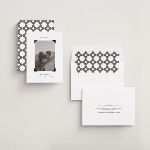 This is a quartz foil stamped save the date cards with foil pressed by Jenny Millington called scrapbook frame printing on recycled smooth signature in standard