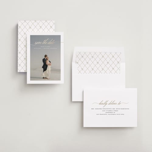 This is a shell foil stamped save the date cards with foil pressed by Pixel and Hank called admire printing on recycled smooth signature in standard