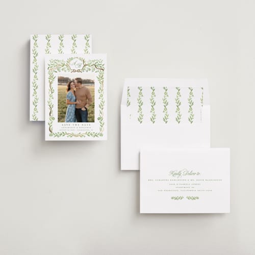 This is a garden foil stamped save the date cards with foil pressed by Petra Kern called paperie printing on recycled smooth signature in standard