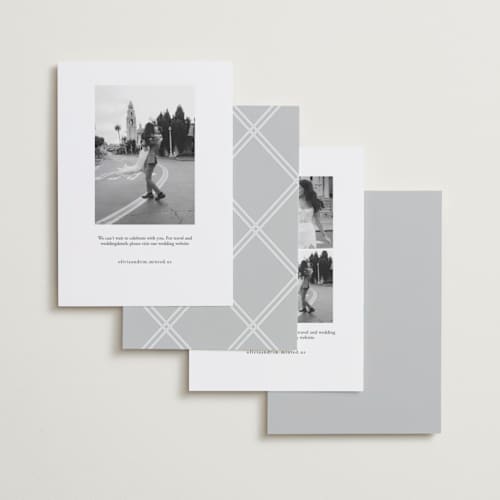 This is a pearl foil stamped save the date cards with foil pressed by Melanie Kosuge called bold monogram printing on recycled smooth signature in standard