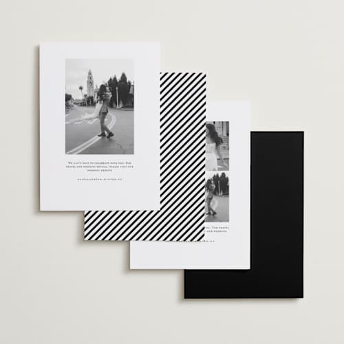 This is a paperwhite foil stamped save the date cards with foil pressed by Laura Hankins called layered printing on recycled smooth signature in standard